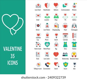 Valentines icon set. Containing love email, dinner, love potion, heart, champagne, diary, home sweet, dress, relationship, falling in love, and romantic music. color syle collection