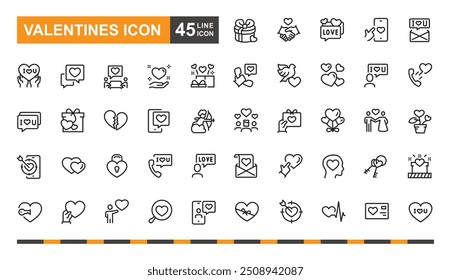 Valentines icon set. Gift box, heart, romantic, message and more line icon.