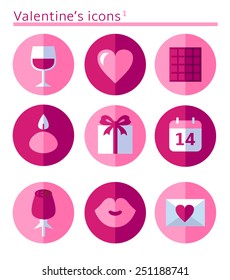 valentine's icons. Vector flat folded icon set in circles.