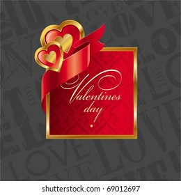 Valentines illustration with golden luxury ornate frame, hearts and ribbon