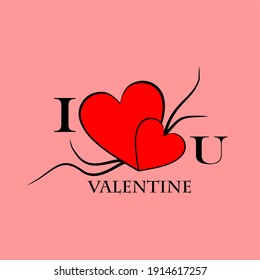 Valentine's inscription with black calligraphic text with black red heart. Vector illustration and pink background