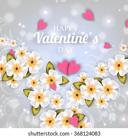 Valentines invitation with lettering  Valentine with frangipani, sakura, plumeria flowers, stones and candy hearts.