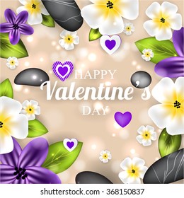 Valentines invitation with lettering  Valentine with frangipani, sakura, plumeria flowers, stones and candy hearts.