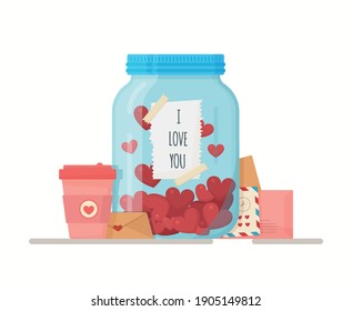 Valentine's Jar. Vector illustration for St. Valentine's Day. Congratulations and preparation for February 14. 