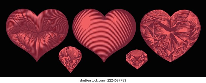 Valentines. Kiss, heart, diamond. Design set. Editable hand drawn illustration. Vector vintage engraving. Isolated on black background. 8 eps