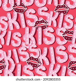 Valentines KISS typography in light box with kiss lips seamless pattern ,Design for fashion , fabric, textile, wallpaper, cover, web , wrapping and all prints on dark pink
