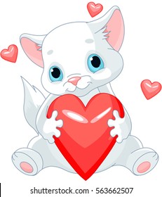 Valentines kitten holds heart