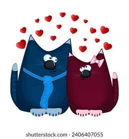 Valentines kittens couple and many red hearts.Funny blue and red cat in cartoon style.Pair of cats in love.Cute kitty character.Stylized tomcat.Vector