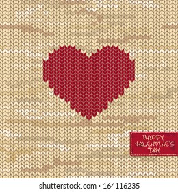 Valentine's knitted seamless pattern or card with heart on a melange background and greeting tag