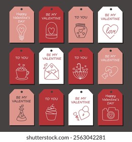 Valentine's labels or posters with romantic elements. Vector Valentine's cards templates. Greeting cards, linear icons, invitations. Hand drawn 8th of March gift tags. Vector illustration.