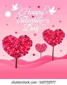 Valentines landscape background with a forest tree made of hearts. Beautiful pink plant of love with Lettering love you. Happy Valentine day greeting card. Vector illustration. EPS 10 