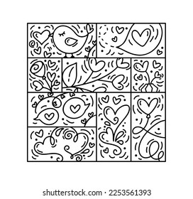 Valentines logo vector seamless pattern love, lips, heart and cloud. Hand drawn monoline constructor for romantic greeting card.