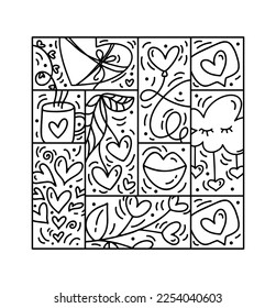 Valentines logo vector seamless pattern love, lips, heart and cloud. Hand drawn monoline constructor for romantic greeting card.
