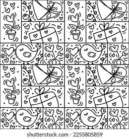 Valentines logo vector seamless pattern love, bird, heart and gift box line. Hand drawn monoline constructor for romantic greeting card.