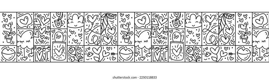 Valentines logo vector Washi tape seamless pattern border love, cake, lips, heart, cloud and bag. Hand drawn monoline constructor for romantic greeting card.