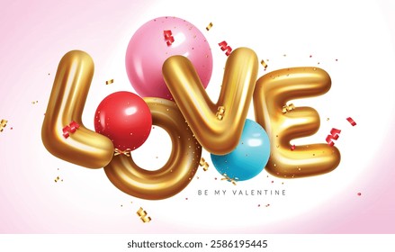Valentine's love 3d balloons vector design. Valentine's day with balloon inflatable letters in metallic gold color for background decoration. Vector Illustration.
