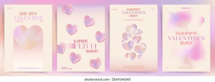 Valentines Love Aesthetics. Set of Valentine’s Day posters with holographic gradient hearts, romantic pastel tones, and modern minimalist typography for celebrations, branding, wedding and promotion.