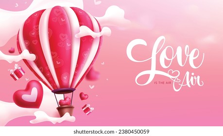 Valentine's love is in the air text vector design. Valentine's day greeting card with hot air balloon floating in the sky for romantic pink background. Vector illustration hearts day invitation card. 