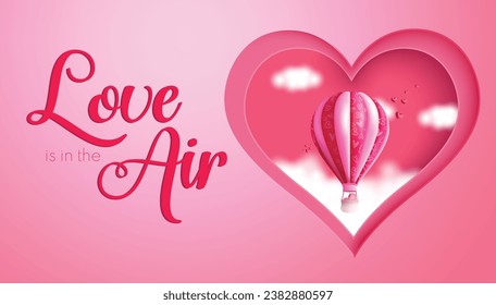 Valentine's love air text vector template design. Happy valentine's day greeting card with hot sir balloon in heart space decoration elements. Vector illustration heart's day invitation card.
