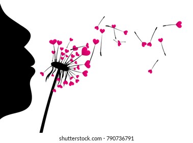 Valentine's love background with girl and dandelion with hearts. Vector illustration.
