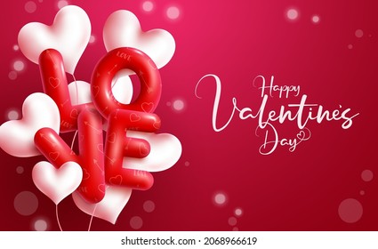 Valentines love balloon vector design. Happy valentine's day text with bunch of balloons and bokeh decoration for hearts day romantic greeting messages. Vector illustration.
