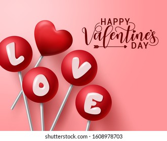 Valentines love candy vector design. Happy valentines day greeting text with valentine candies lollipop element in love letter design toppings with round and heart shape in red background. 