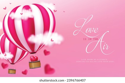 Valentine's love greeting vector design. Love is in the air text with hot air balloons flying in the sky for valentine greeting card background. Vector illustration hearts day invitation card. 
