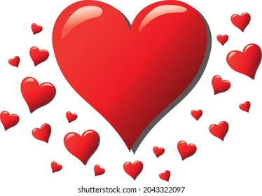 Valentines Love heart. Decorative heart background. Red heart. Vector illustration flat design. A lot of big and small red hearts