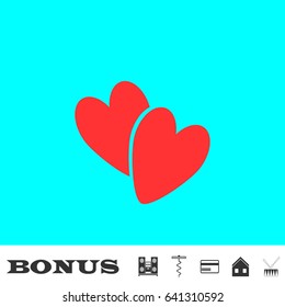 Valentines love heart icon flat. Red pictogram on blue background. Vector illustration symbol and bonus buttons Music center, corkscrew, credit card, house, drum