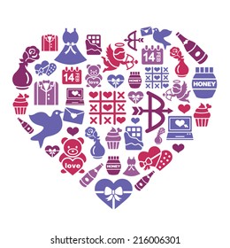 Valentines and Love Icons in Heart Shape