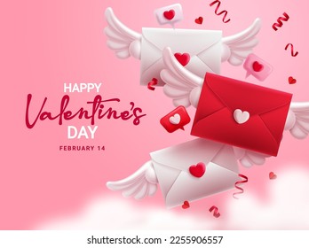 Valentines love letter vector design. Happy valentine's day text with flying love letter envelope romantic elements. Vector illustration valentine invitation card background. 