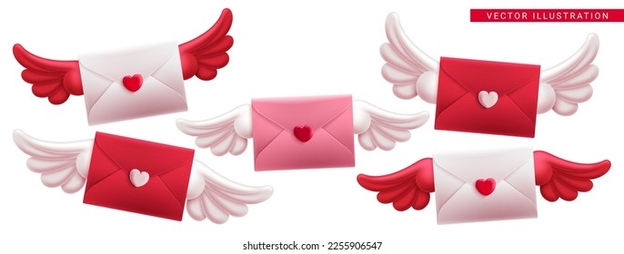 Valentine's love letter vector set design. Valentine's day love letter envelope flying with wings elements. Vector illustration valentine greeting and invitation card elements. 