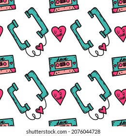 A San Valentín les encanta el patrón impecable con el teléfono y la cinta de cassette. Vector de papel, papel pintado, tela, diseño interior.