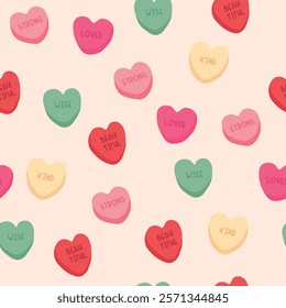 Valentines and Love Season Seamless Pattern vector illustration of sweet heart candy affirmation