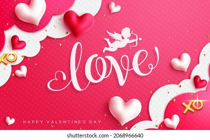 A San Valentín les encanta el diseño de fondo vectorial. Texto de tipografía de amor en el espacio de decoración de arte con elementos cupido, corazón y nubes para la decoración de mensajes románticos del día de San Valentín. Ilustración vectorial.
