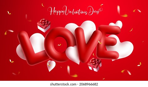 Valentine's love vector concept design. Happy valentines day text with floating love and hearts balloons in red background for romantic present and surprise celebration decor. Vector illustration.
