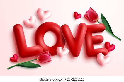 Valentines love vector concept design. Love 3d text with tulips and hearts valentine elements in pink background for hearts day and lovers celebration decoration. Vector illustration.
