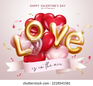 Valentins Liebesvektordesign. Liebe 3D-Ballon-Text mit süßen schwimmenden Herz Ballons Elemente für Valentinstag Dekoration und Gruß. Vektorgrafik.
