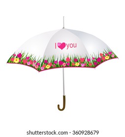 Valentine's i love you umbrella with hearts, grass and flowers.Vector illustration.