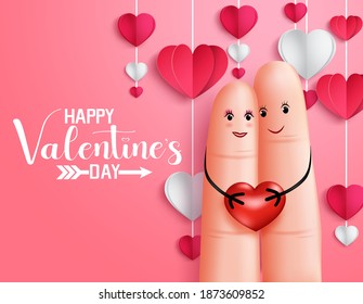 Valentines lovers vector banner template. Happy valentines day text with in love finger couple hugging heart element for valentines day greeting card design. Vector illustration