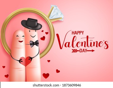 Valentines married couple vector banner template. Happy valentine's day greeting text with in love finger wedding lovers for valentines day romantic marriage design. Vector illustration 