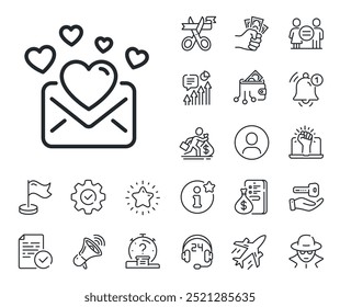 Sinal de correspondência da Mensagem Valentines. Ícones do salaryman, da igualdade de gênero e da campainha de alerta. Ícone de linha do Love Mail. Símbolo de email. Sinal de linha Love Mail. Ícone de espaço reservado Espionar ou criar perfil. Vetor