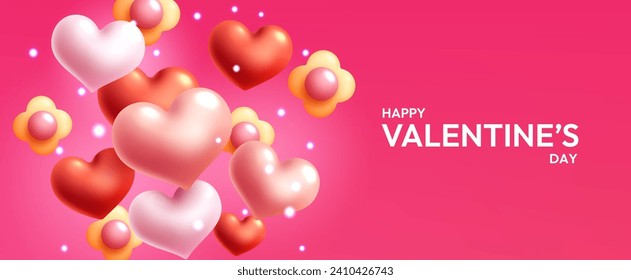 Valentines minimalist realistic 3d background. Flower with hearts in pinkish red background for valentine's day. For celebration and background. Vector 3d realistic illustration.
