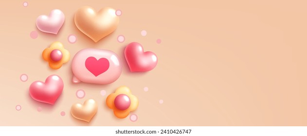 Valentines minimalist realistic 3d background. Flower with hearts and speech bubble for valentine celebration. For celebration and background. Vector 3d realistic illustration.