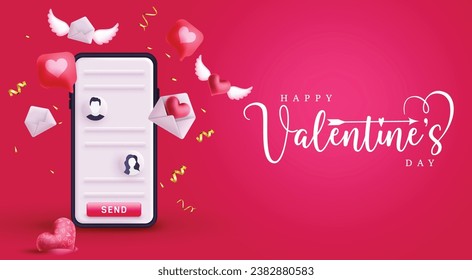 Valentine's mobile app vector design. Happy valentine's day greeting text in red space with mobile phone dating app background design. Vector illustration heart's day invitation card.
