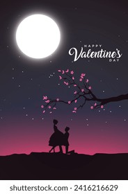 Valentine's Moonlit Affair Couples Silhouetted Under the Night Sky, Embraced by a Tree with Pink Leaves. A Serenade of Love and Proposals on this Enchanting Evening