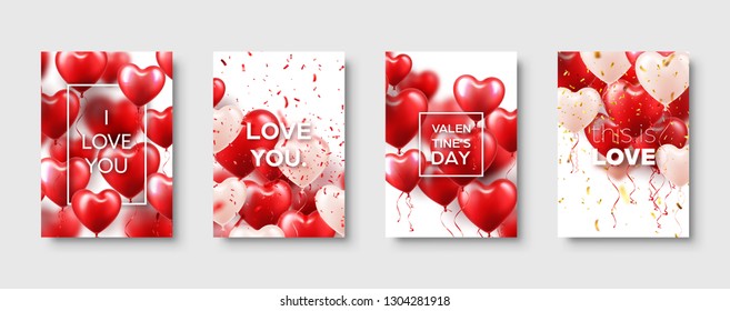 Valentines Mothers day modern abstract card template poster or banner with red heart balloons. Romantic wedding love background. Vector set.