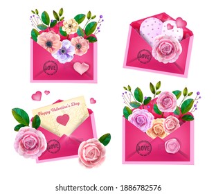 Valentines, Mothers Day vector love letters, closed and opened pink envelopes set isolated on white. Holiday romantic mail illustration collection, anemones, roses, flowers. Valentines Day envelopes 