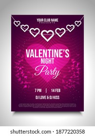 Valentine's night party invitation card or poster design with hanging hearts and abstract ornaments