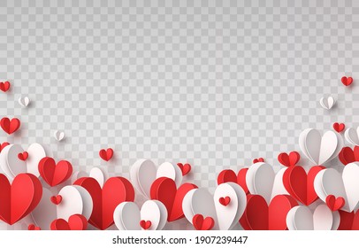 Valentine's paper confetti hearts isolated on transparent background. Vector white and red symbols of love border for romantic banner or Happy Mother's Day greeting card design